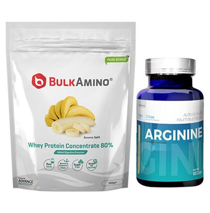 Advance Nutratech Combo of BulkAmino Whey Protein Concentrate 80% Banana Split 500gm Supplement Powder and Arginine Aminos Pre-Workout 60 Capsules - Classic Derma