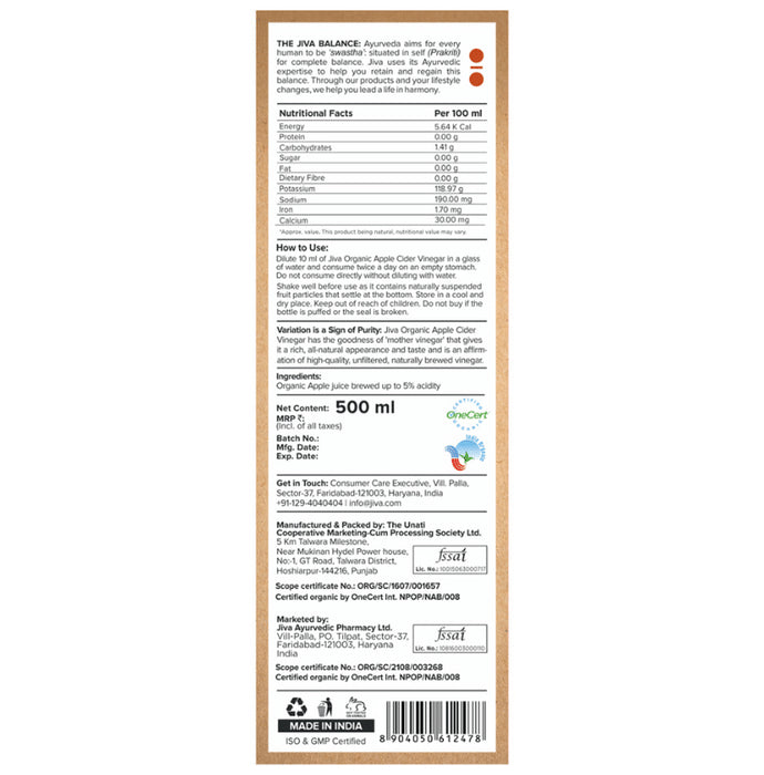 Jiva Ayurveda Organic Apple Cider Vinegar (500ml Each)