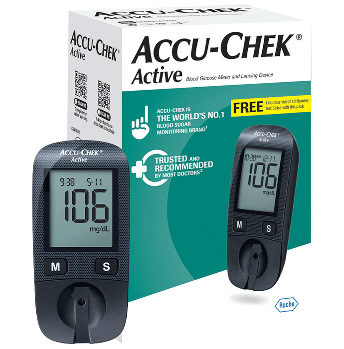 Accu-Chek Active Blood Glucometer Kit (Box of 10 Test strips Free) | Blood Glucose Monitors - Classic Derma