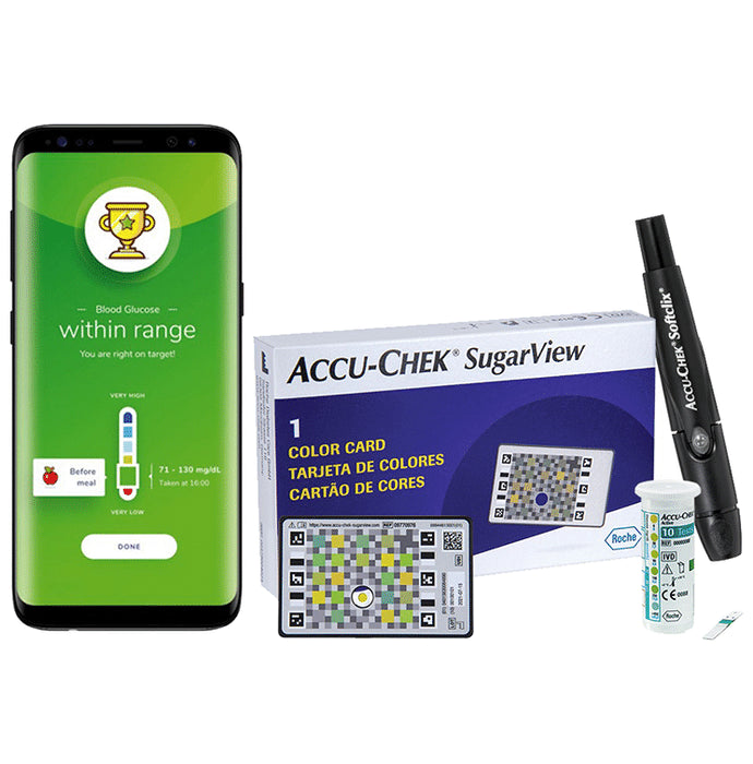 Accu Chek SugarView System Combo Pack of Accu-Chek SugarView 1 Color Card, Accu-Chek Active 10 Test Strip & Accu-Chek Softclix Kit - Classic Derma