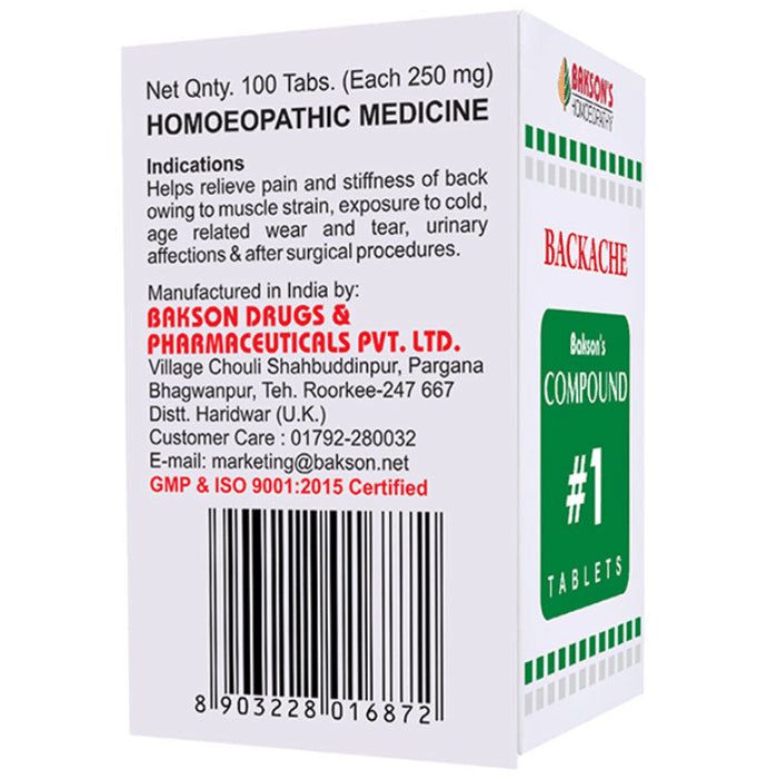 Bakson's Homeopathy Compound # 1 Backache Tablet