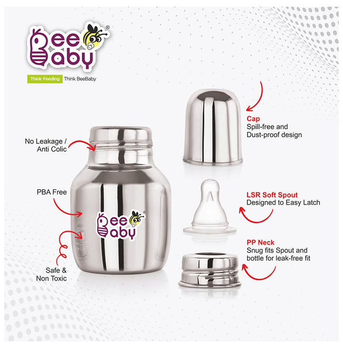 BeeBaby 2 in 1 Ultimate Stainless Steel Infant Baby Feeding Bottle with Anti Colic Nipple & Silicone Sippy Spout 4 Months +
