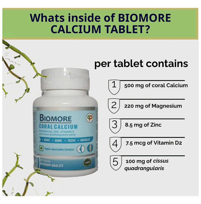 Biomore Coral Calcium Magnesium, Zinc, Vitamin D and Cissus Quadrangularis Tablet