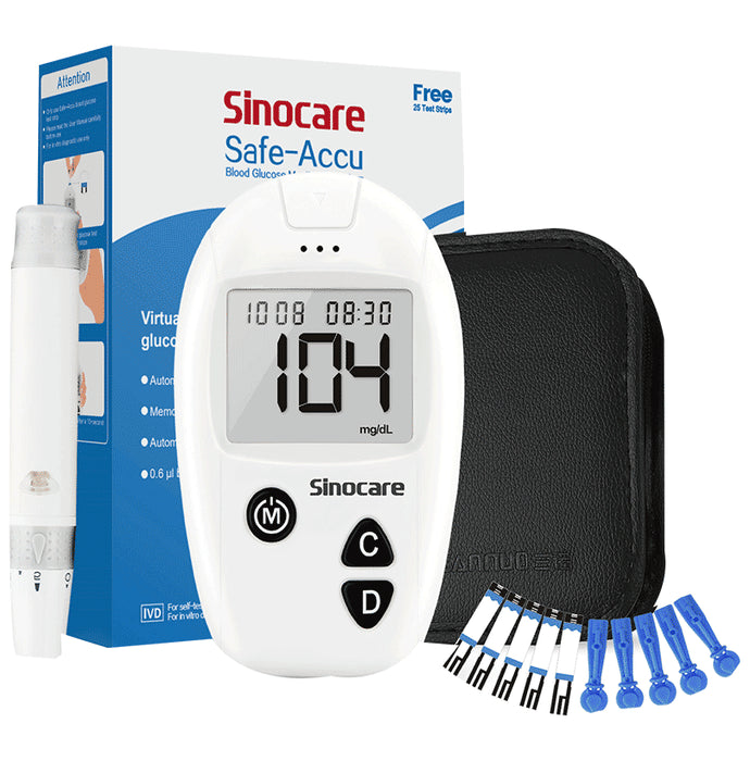 Sinocare Safe-Accu Blood Glucose Monitoring System with 25 Strips, Lancing Device & 10 Lancets - Classic Derma