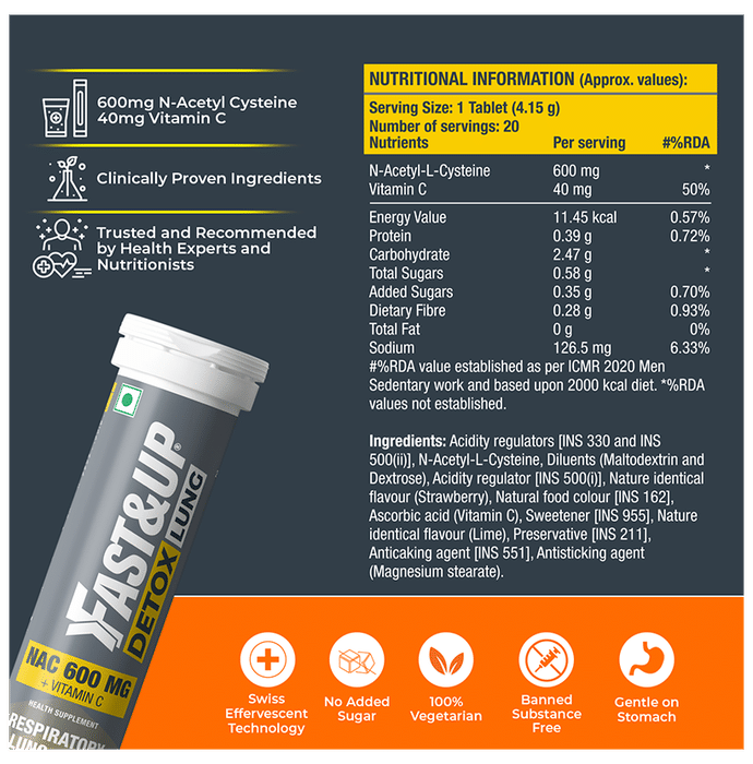 Fast&Up Detox Lung | With NAC 600mg & Vitamin C for Lung & Respiratory Support | Flavour Effervescent Tablet Strawberry