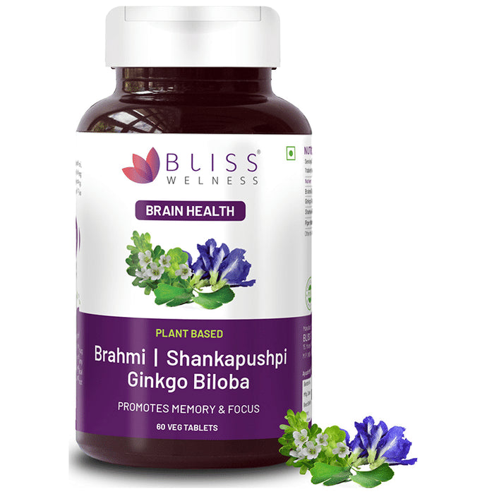 Bliss Welness Brain Health Brahmi + Shankapushpi Ginkgo Biloba Veg Tablet
