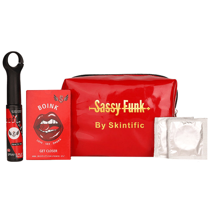 Skintific Sassy Funk Pouch with Couple Playing Card, Delay Spray, Condoms - Classic Derma
