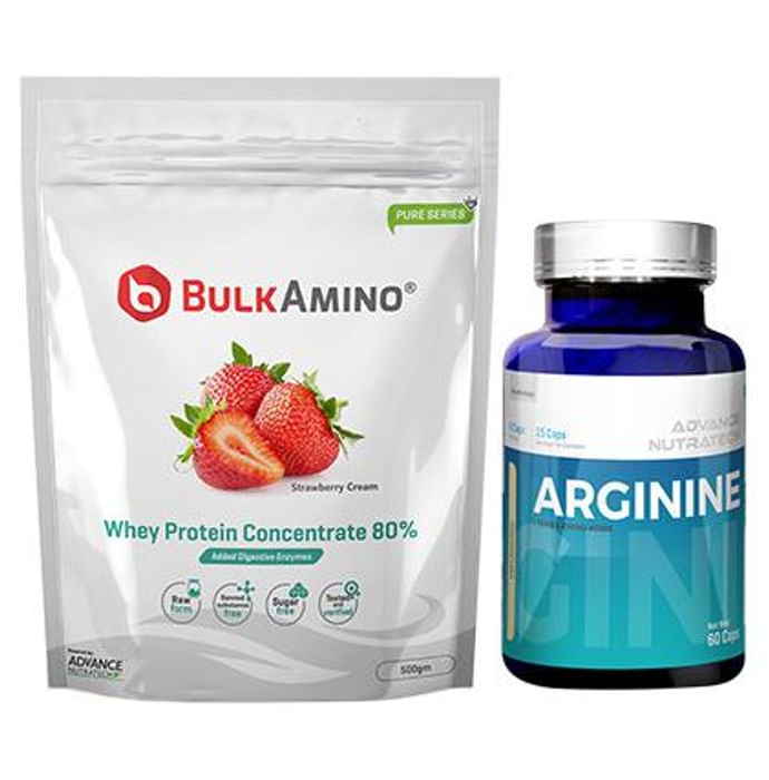 Advance Nutratech Combo of BulkAmino Whey Protein Concentrate 80% Strawberry Cream 500gm Supplement Powder and Arginine Aminos Pre-Workout 60 Capsules - Classic Derma
