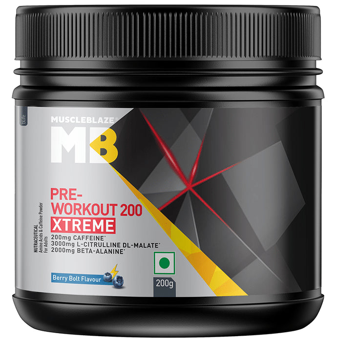 MuscleBlaze Pre-Workout 200 Xtreme | For Energy, Endurance & Muscle Pump | Berry Bolt - Classic Derma