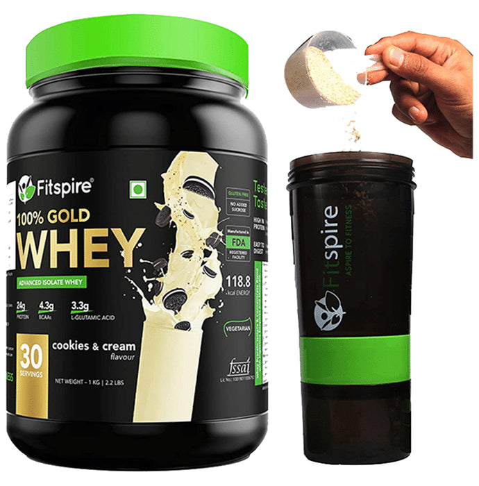 Fitspire 100% Gold Whey Advanced Isolate Protein Powder Cookies & Cream with Shaker Free - Classic Derma