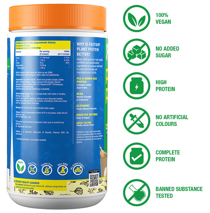 Fast&Up Plant Protein Isolate with Digestive Enzymes, 6g BCAA & 6g Glutamine | No Added Sugar | Flavour Vanilla Cupcake