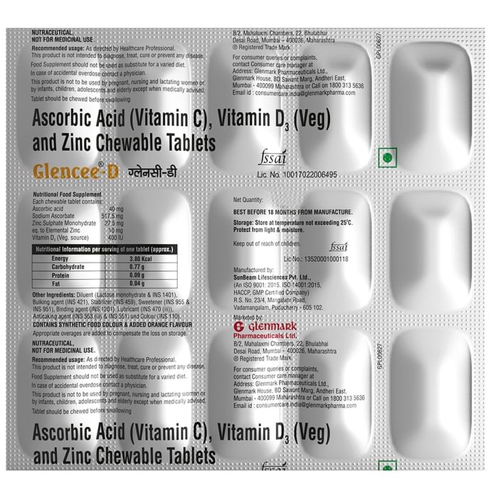 Glencee-D Ascorbic Acid, Vitamin D3 and Zinc Chewable Tablet Orange