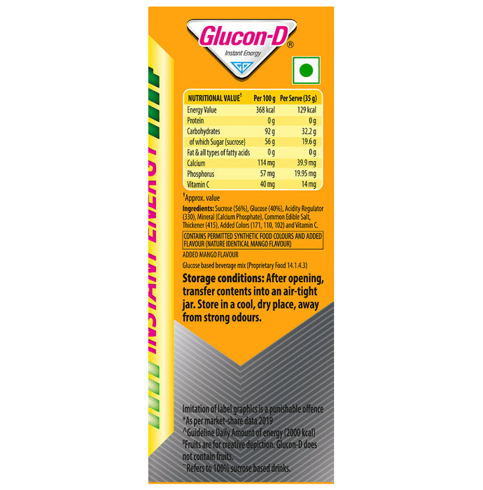 Glucon-D with Glucose, Calcium, Vitamin C & Sucrose | Nutrition Booster Mango Blast with Sipper Free