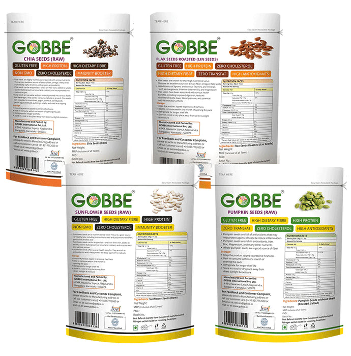 Gobbe Combo Pack of Chia Seeds, Flax Seeds Roasted,Sunflower Seeds, Pumpkin Seeds Raw (200gm Each)