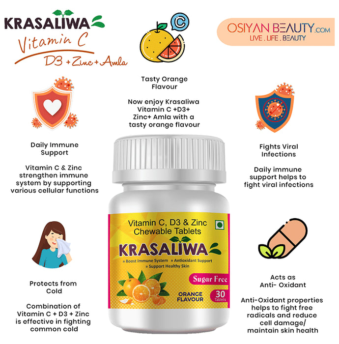 Krasaliwa Vitamin C, D3 & Zinc Chewable Tablet Orange Sugar Free