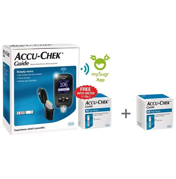 Accu-Chek Combo Pack of Guide Wireless Blood Glucose Monitoring System with 10 Strip Free & Accu-Chek Guide 50 Strip - Classic Derma