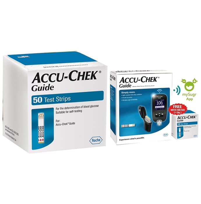 Accu-Chek Guide Combo of Blood Glucose Monitoring System with 10 Test Strips Free and 50 Test Strips - Classic Derma