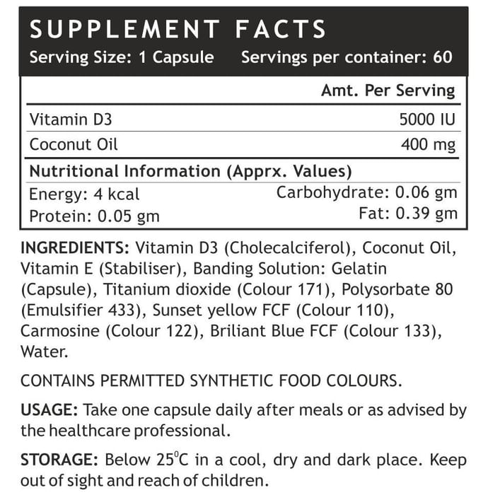 Inlife Vitamin D3 (Cholecalciferol) 5000IU | Liquid Filled Capsule