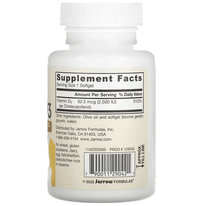Jarrow Formulas Vitamin D3 2500IU Softgel | Supports Calcium Metabolism, Bone Health & Immunity