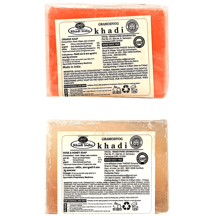 Khadi Pure Combo Pack of Orange Soap & Rose & Honey Soap (125gm Each)