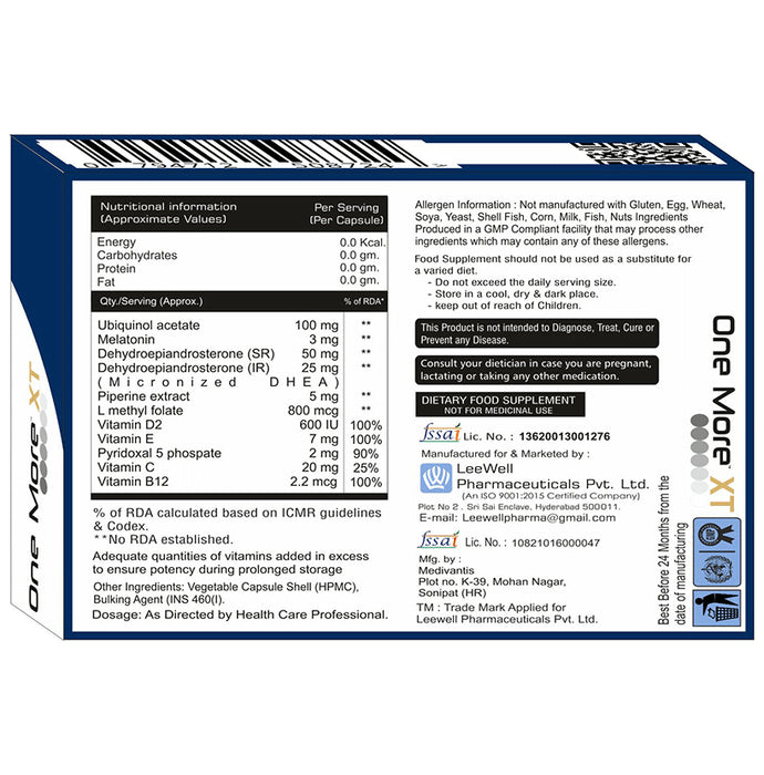 LeeWell One More XT Micronized Dehydroepiandrosterone (DHEA), Melatonin, Ubiquinole Acetate,Methylfolate Capsule