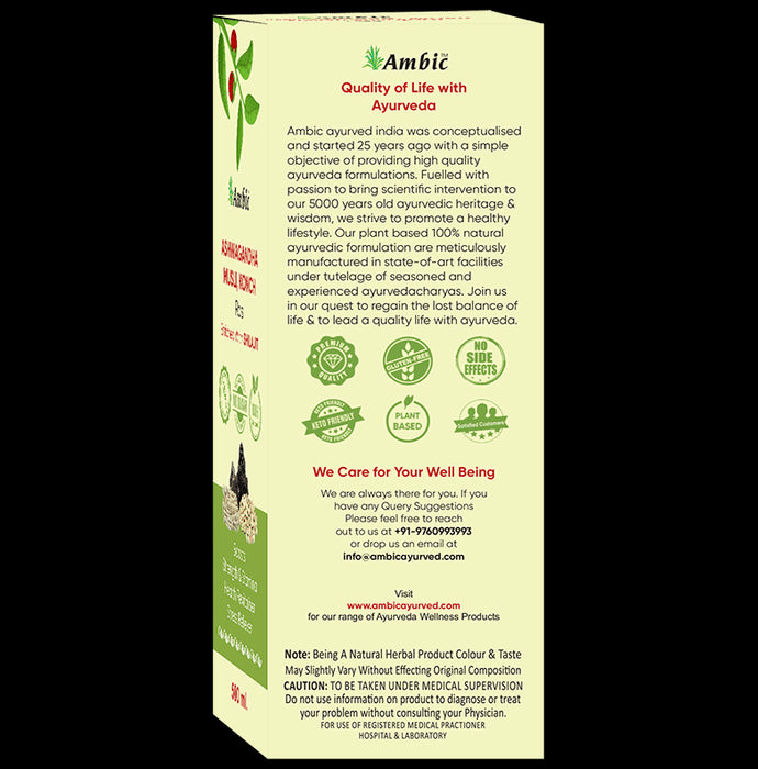 Ambic Combo Pack of Ashwagandha Musli, Konch Ras and Noni Garcinia AloeVera Ras (500ml Each)