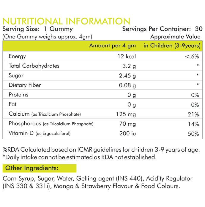 Meadbery Mango & Strawberry Kids Calcium with Vitamin D Gluten Free Gummy