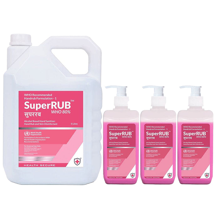 Super Rub Combo Pack of WHO 80% Alcohol Based Hand Sanitizer 3x500ml with 5ltr Can - Classic Derma