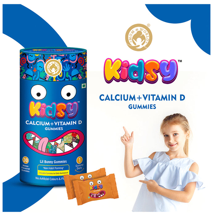 Mom & World Combo Pack of Kidsy Calcium + Vitamin D and Vitamin C Gummies (30 Each) Mango & Orange