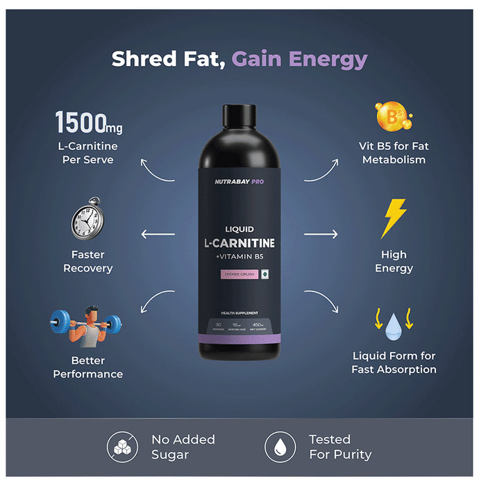 Nutrabay L-Carnitine +Vitamin B5 for Fat Loss & Faster Recovery | Flavour Liquid Lychee Crush