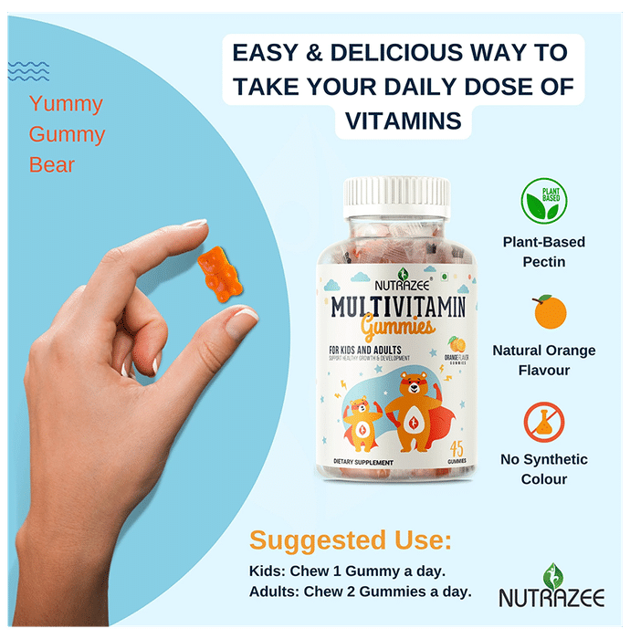 Nutrazee Multivitamin | Gummies for Kids & Adults | Supports Healthy Growth & Development | Flavour Orange