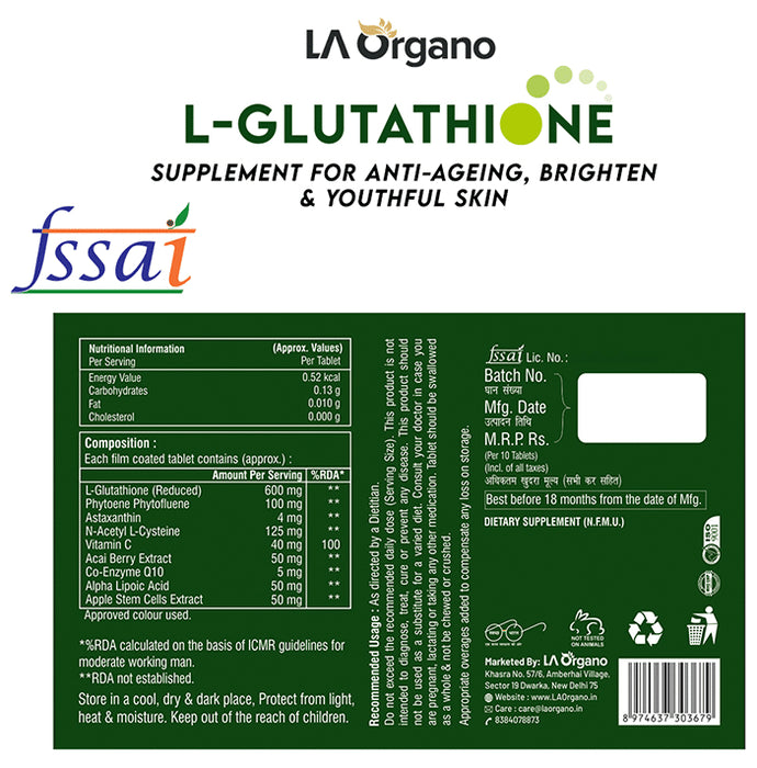 LA Organo L- Glutathione 600mg (Reduced) | For Skin Health & Anti-Ageing Support | Tablet