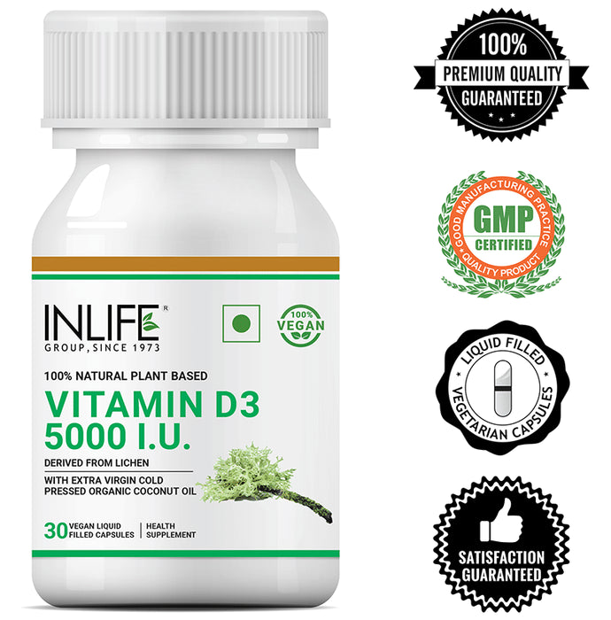 Inlife 100% Natural Plant Based Vitamin D3 5000IU | Vegan Liquid Filled Capsule for Bone & Knee Health