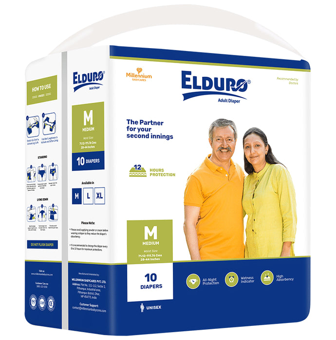 Elduro Unisex Adult Diaper, Wetness Indicator, All Night Protection, High Absorbency (10 Each) Medium - Classic Derma