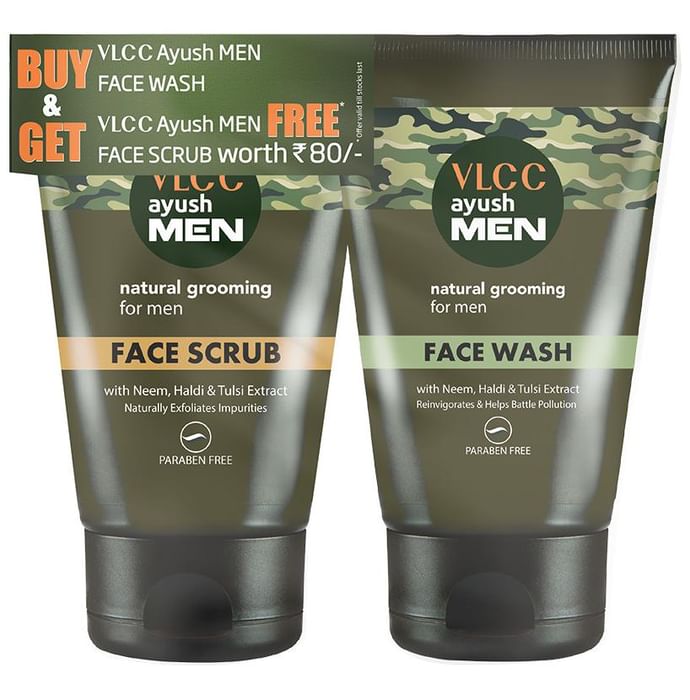 VLCC Ayush Men Face Wash (100gm) with Ayush Men Face Scrub (50gm) Free - Classic Derma