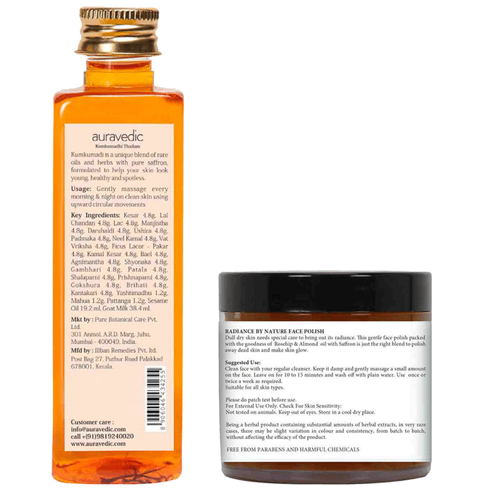Auravedic Combo Pack of Kumkumadi Oil 100ml & Radiance By Nature Face Polish 100gm