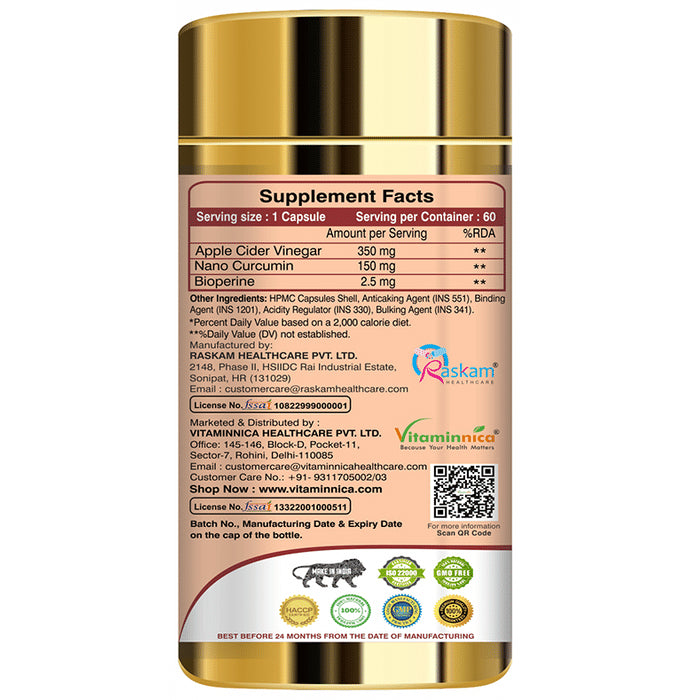 Vitaminnica Apple Cider Vinegar & Curcumin 500mg Veg Capsule