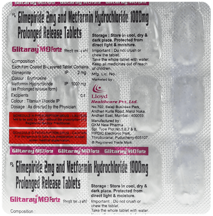 Glitaray M Forte 2mg/1000mg Tablet