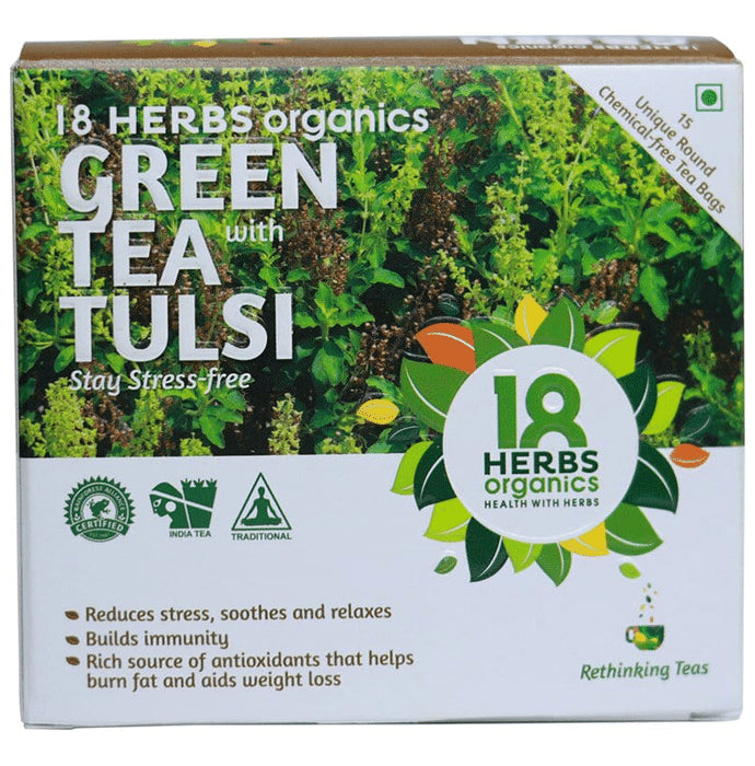 18 Herbs Organics Green Tea Bag (1.25gm Each) with Tulsi - Classic Derma