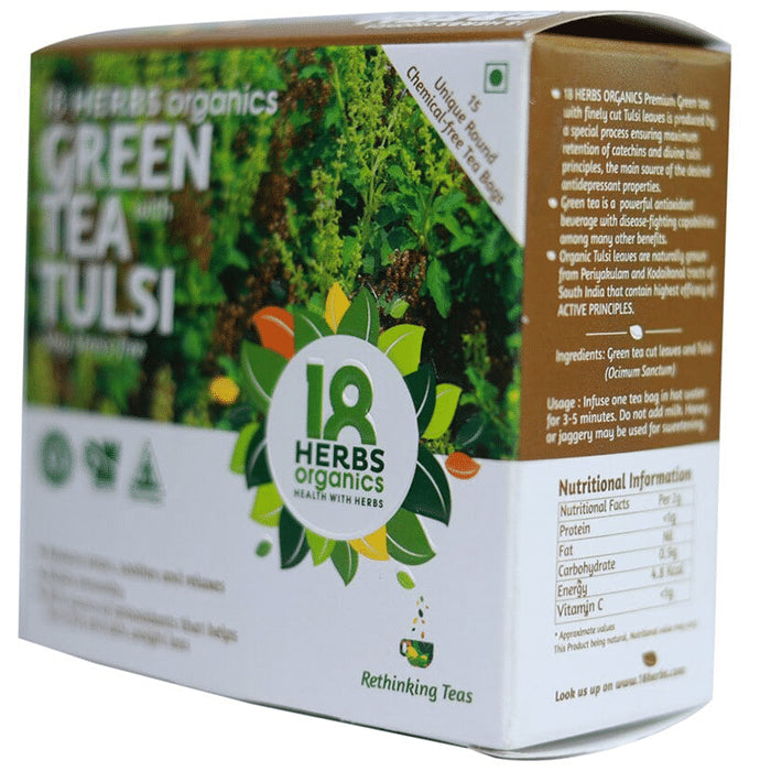 18 Herbs Organics Green Tea Bag (1.25gm Each) with Tulsi