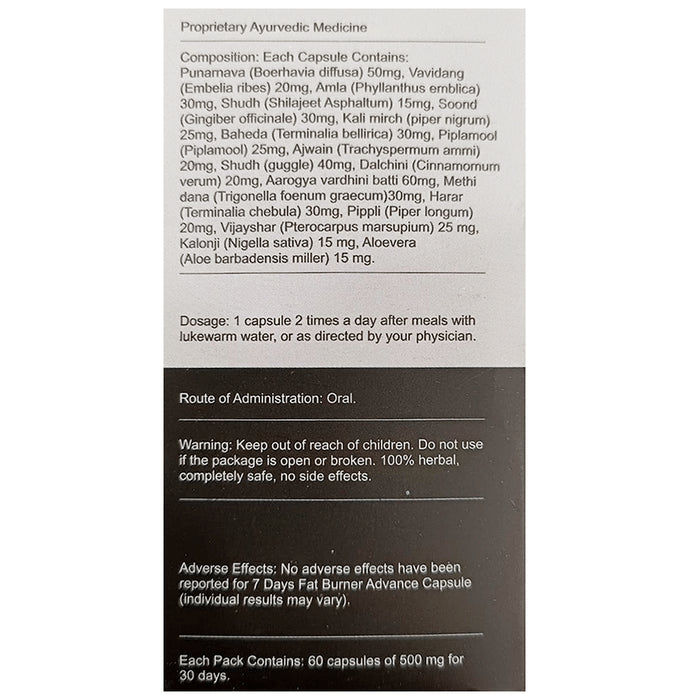 7Days 100% Safe & Natural Fat Burner 500mg Capsule