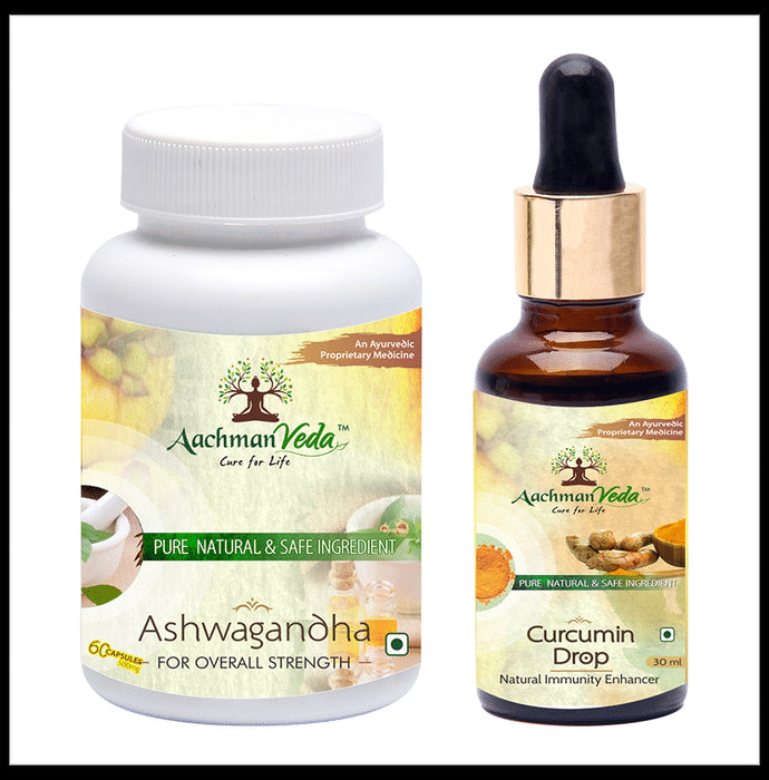 Aachman Veda Ashwagandha Capsule with Aachman Veda Curcumin Drop 30ml Free - Classic Derma