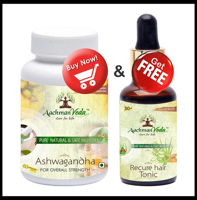 Aachman Veda Ashwagandha Capsule with Aachman Veda Recure Hair Tonic 30ml Free