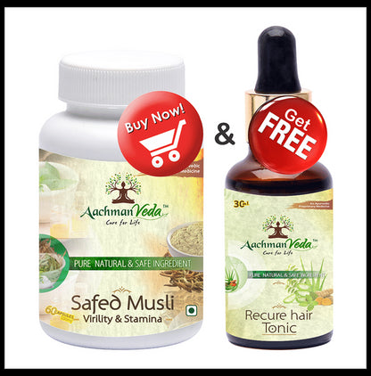 Aachman Veda Safed Musli Virility & Stamina Capsule with Aachman Veda Recure Hair Tonic 30ml Free