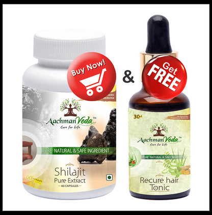 Aachman Veda Shilajit Pure Extract Capsule with Aachman Veda Recure Hair Tonic 30ml Free