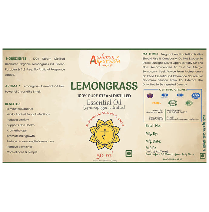 Aashman Ayurveda 100% Pure Steam Distilled Essential Oil (50ml Each) Lemongrass