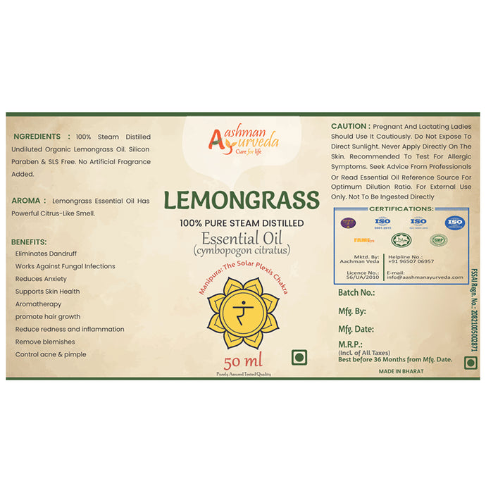 Aashman Ayurveda 100% Pure Steam Distilled Essential Oil Lemongrass