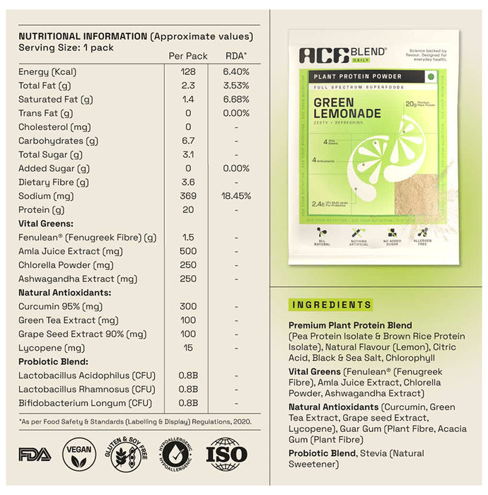 Ace Blend Daily 20g Vegan Plant Protein Powder & Superfoods Green Lemonade