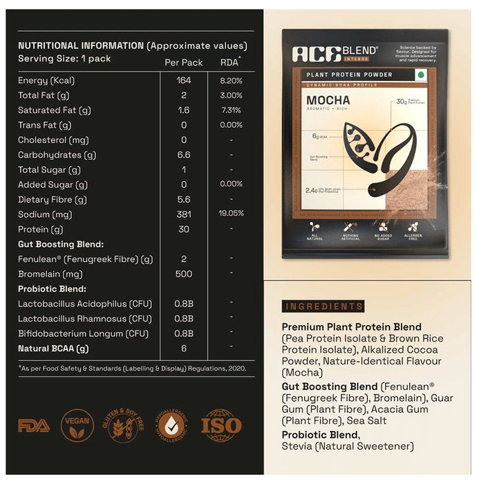 Ace Blend Intense 30g Vegan Plant Protein Powder with BCAA Mocha