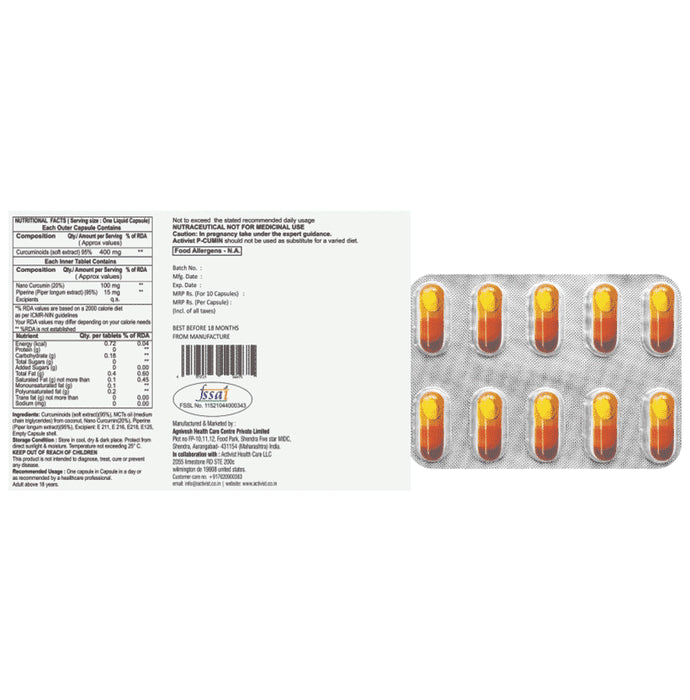 Activist P-Cumin Piperine Capsule in Curcumin Oil Capsule (10 Each)